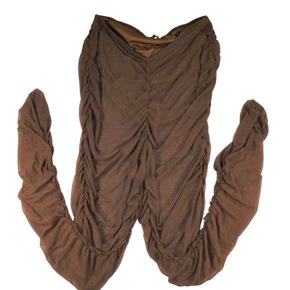 PrettyLittleThing Pants Brown Sheer Mesh Ruched High Waist Y2K Festival Clubwear - Picture 1 of 6